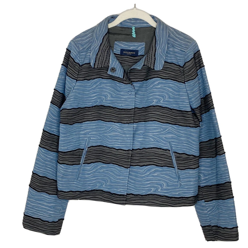 Piazza Sempione Italy Blue & Gray Cotton Textured Waves Boxy Blazer Size 12